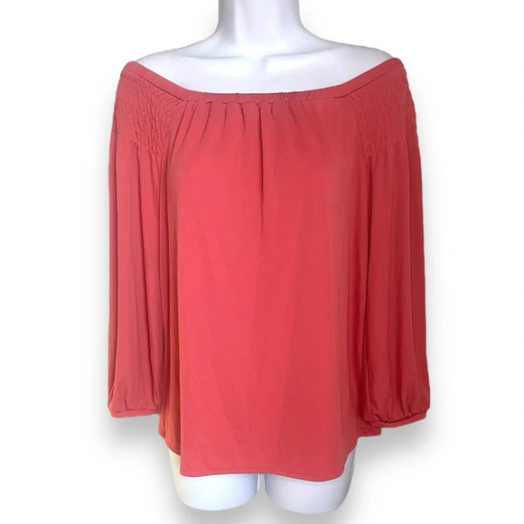 Ann Taylor Coral Off-Shoulder Top Size Small - Smocked Detail & Flowing Sleeves - Picture 9 of 9